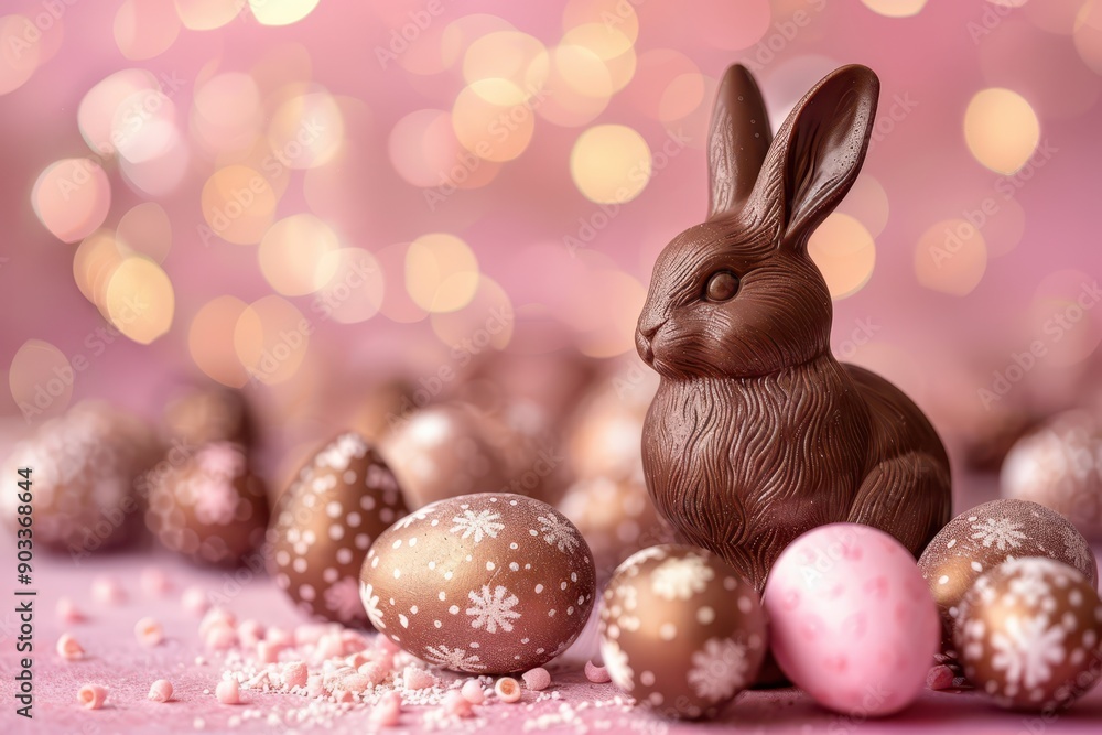 A chocolate Easter bunny surrounded by chocolate eggs, with a clear focus on the details of the treats. The scene leaves plenty of empty space around the bunny and eggs.
A chocolate Easter bunny surrounded by chocolate eggs, with a clear focus on the details of the treats. The scene leaves plenty of empty space around the bunny and eggs.