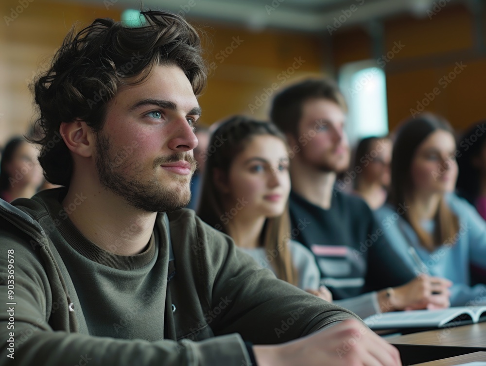 A person sitting among others, likely discussing or presenting something A person sitting among others, likely discussing or presenting something