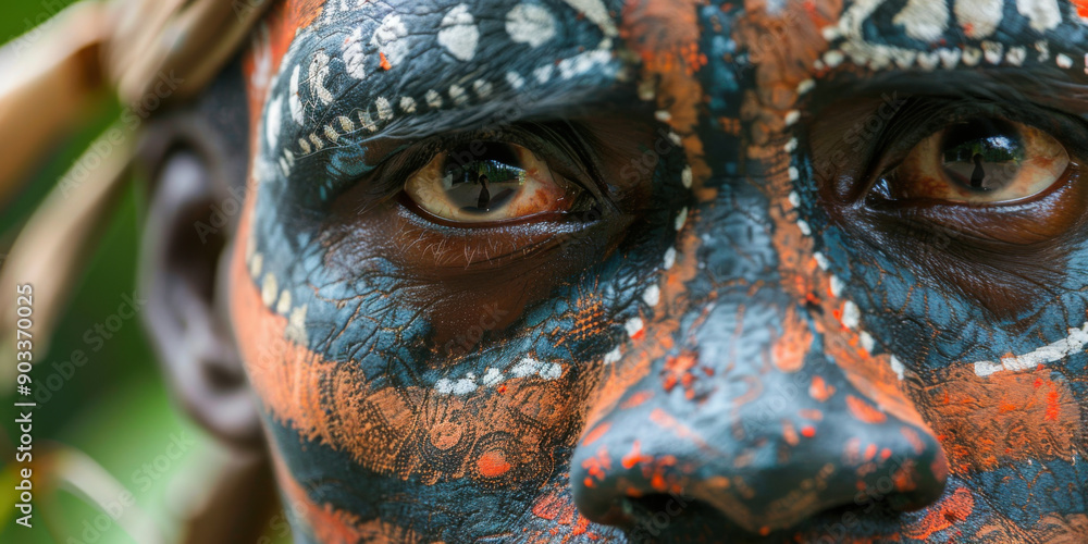 Detailed close-up of a person's face adorned with intricate traditional face paint, focusing on the eyes and artistic patterns. Detailed close-up of a person's face adorned with intricate traditional face paint, focusing on the eyes and artistic patterns.