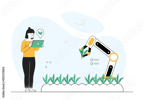 Woman with robotic harvesting. Young girl with tablet controls mechanical arm. Harvesting at smart farm. Farming and agriculture. Linear vector illustration