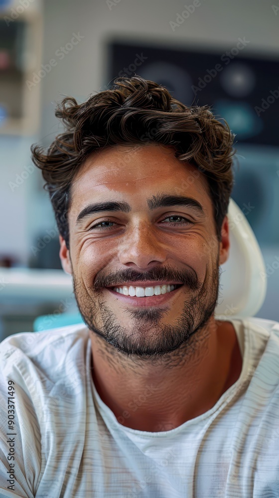 A perfect smile from a happy patient sitting in a dental chair. The portrait shows a man with bright white teeth, highlighting the results of good dental care.






