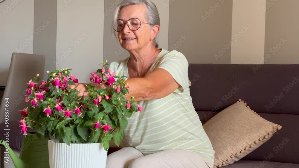 Mature serene woman busy at home watering plants doing indoor gardening hobby and leisure activity. Caring nature environment inside home putting water to flowers plant on the coffee table enjoy day