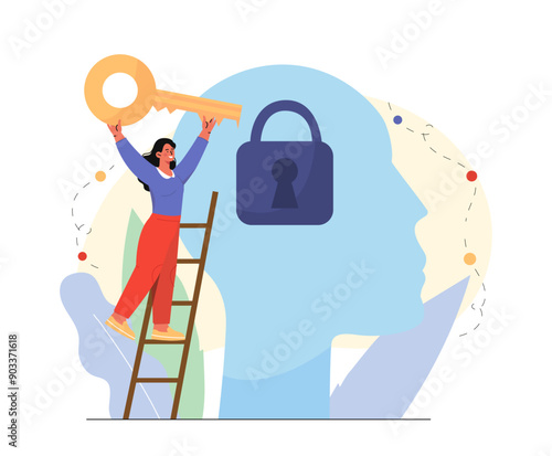 Woman with mental health. Young girl with large key opens lock inside silhouette of head. Mindfulness and awareness. Self confidence and love. Psychological treatment. Flat vector illustration