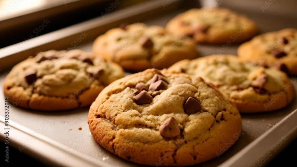Deliciously baked chocolate chip cookies cooling on a tray Deliciously baked chocolate chip cookies cooling on a tray