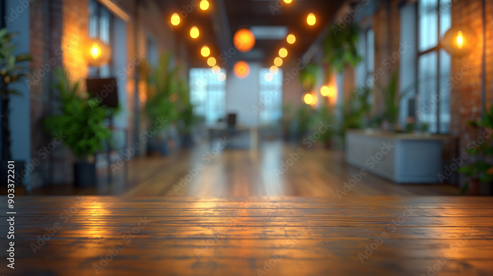 Wooden Tabletop with Blurred Background of Modern Office with Plants and Lights Wooden Tabletop with Blurred Background of Modern Office with Plants and Lights