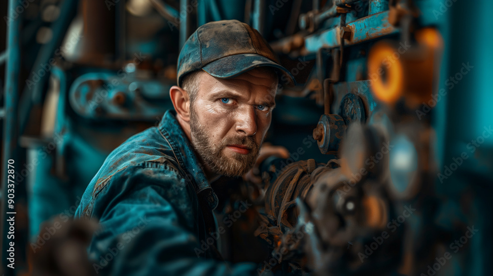 A focused mechanic working on machinery, with a detailed and rugged background. A focused mechanic working on machinery, with a detailed and rugged background.