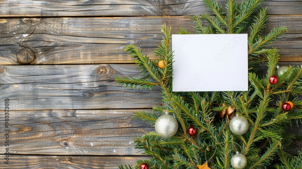 Fototapeta premium Christmas tree with card on wooden background and space