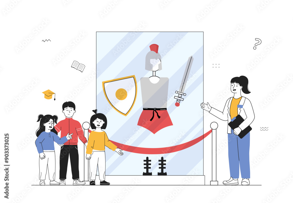 Museum of ancient costumes. Guide shows girls and boys armor of Roman and Greek warriors. Archeology and history. Culture of Rome and Greece. Linear vector illustration Museum of ancient costumes. Guide shows girls and boys armor of Roman and Greek warriors. Archeology and history. Culture of Rome and Greece. Linear vector illustration