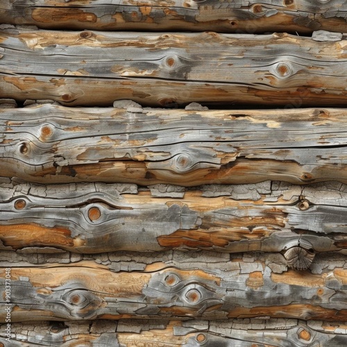 Rustic wooden log cabin wall texture with weathered wood and knots.
