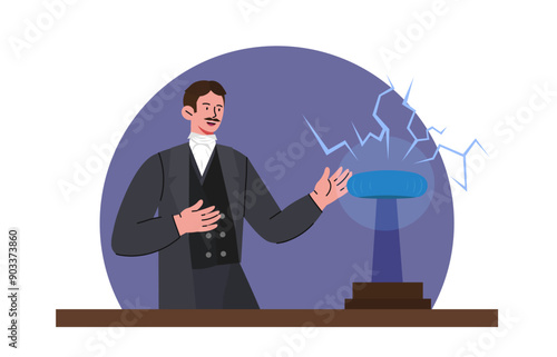 Nikola Tesla concept. Man in suit with electrical device and invention. Famous scientist conduct physical experiments. Electrical engineering. Flat vector illustration