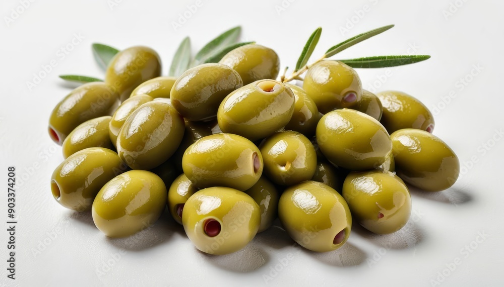 Freshly picked green olives with leaves Freshly picked green olives with leaves