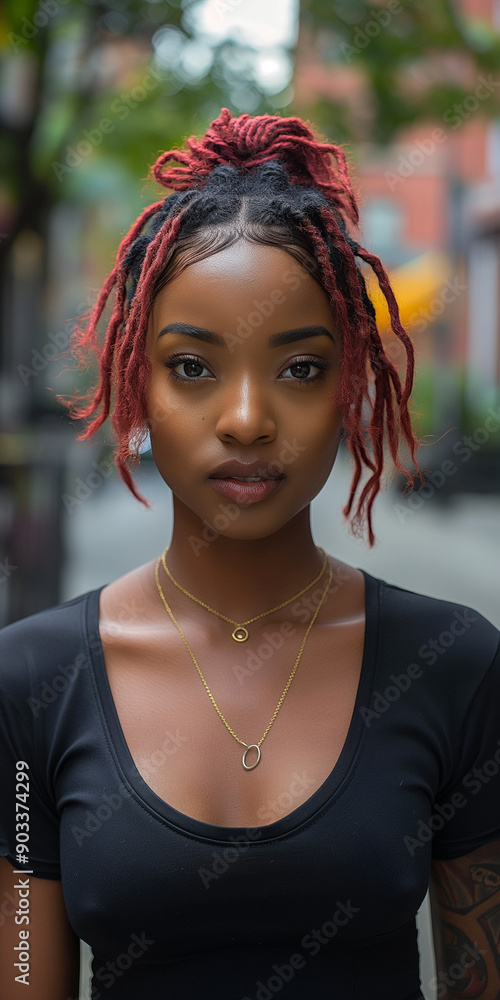 Obraz premium A beautiful woman with dreadlocks wearing a black shirt. She is outdoors in a city.