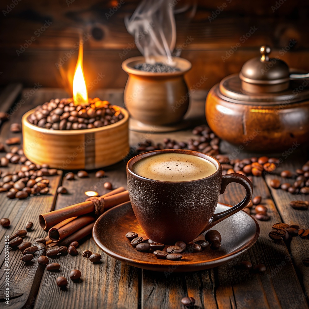 A Coffee Cup And Candle On A Table