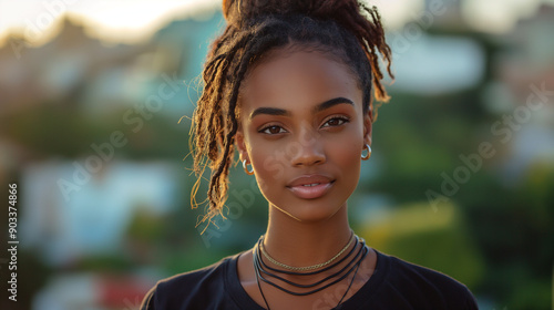 A beautiful woman with dreadlocks wearing a black shirt. She is outdoors in a city. photo