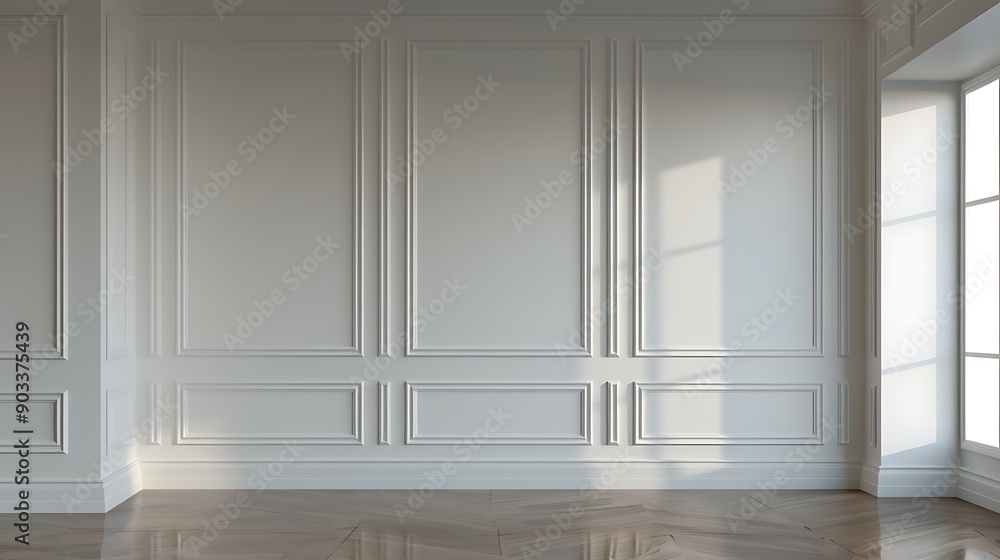 Fototapeta premium White Wall with Classic Moldings and Hardwood Floor