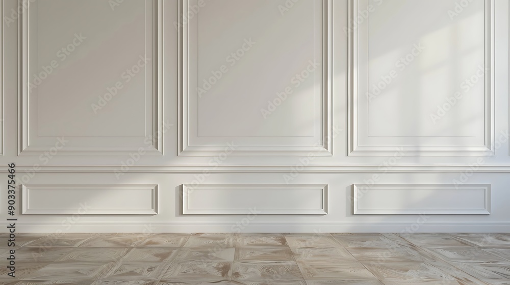 Fototapeta premium Classic White Wall with Elegant Molding and Wooden Floor