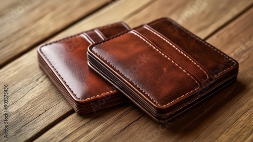  Classic elegance Two leather wallets on a wooden surface