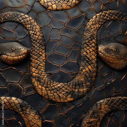 Close up of golden snakes on a black textured background