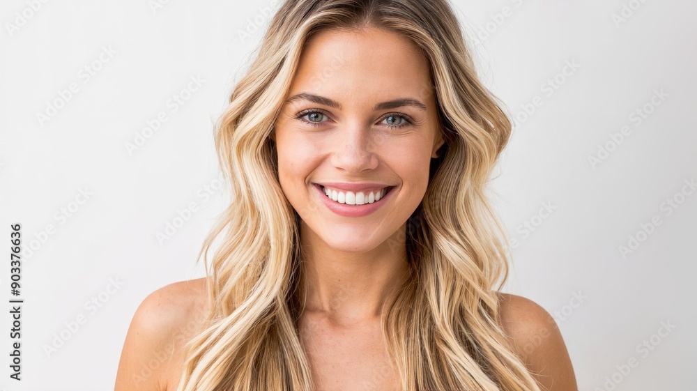 Smiling Young Woman with Long Wavy Blonde Hair on a White Background, portrait perfect for advertisements, social media, and lifestyle blogs Smiling Young Woman with Long Wavy Blonde Hair on a White Background, portrait perfect for advertisements, social media, and lifestyle blogs