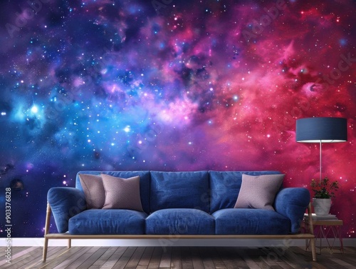 Cosmic galaxy mural with blue and pink hues, perfect for a modern living room.
