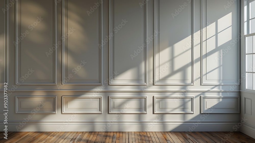 Obraz premium Sunlit White Wall with Paneling and Wood Floor