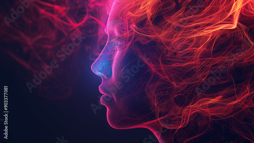 Digital art of a human profile interlaced with vibrant red and blue light waves, epitomizing the fusion of technology and creativity.