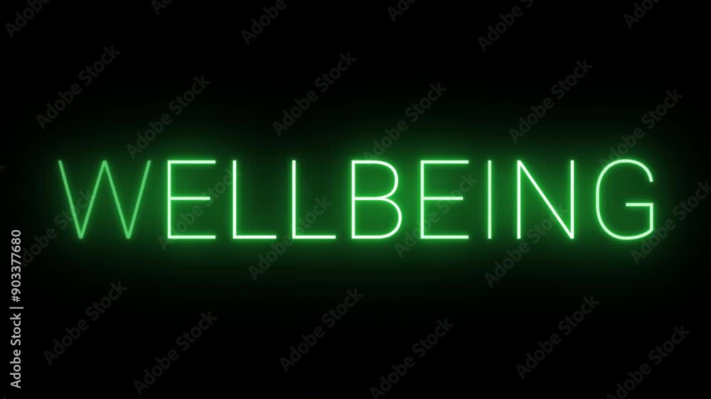 4K, flickering neon green wellbeing text animated on black background 4K, flickering neon green wellbeing text animated on black background
