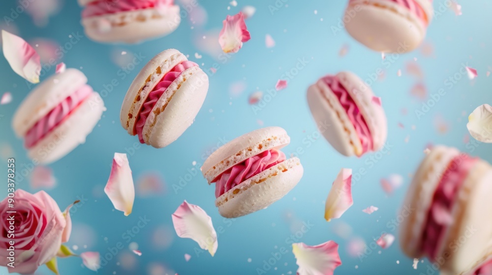 Sweet Macarons and Rose Petals Floating in Air Sweet Macarons and Rose Petals Floating in Air