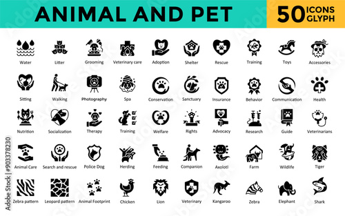Animal and Pet icon set with food, water, litter ,grooming ,veterinary care, adoption, shelter, rescue, training, toys, accessories icon. Simple glyph vector 

