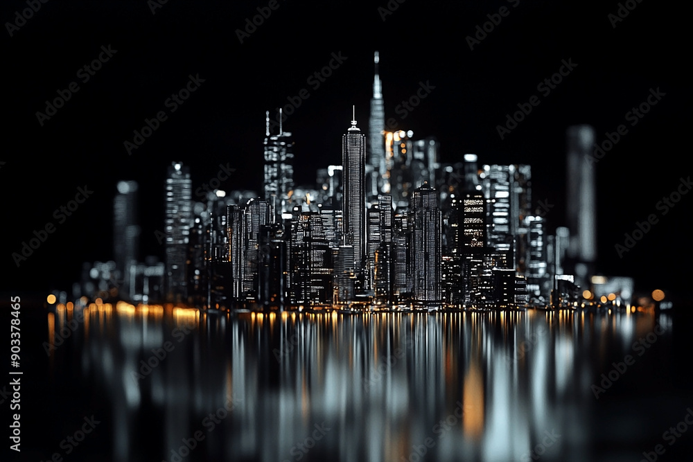 Fototapeta premium Cityscape with skyscrapers reflecting in the water at night.