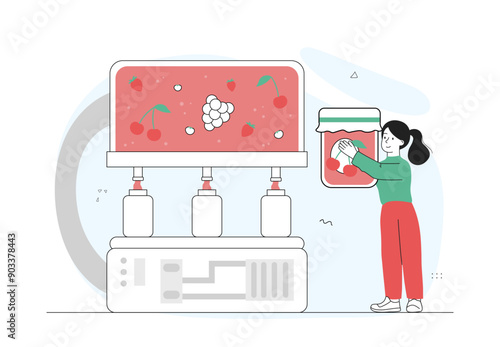 Production of jam. Woman at factory producing canned fruits and berries. Young girl with dessert and delicacy. Conveyor belt with jam. Linear vector illustration