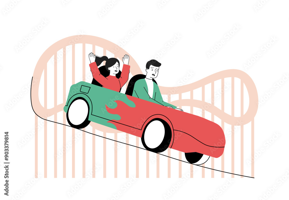 Roller coaster people. Man and woman in car ride on roller coaster ...