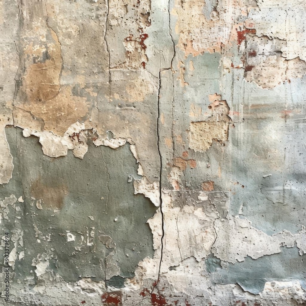 Obraz premium Closeup of a weathered, cracked concrete wall with peeling paint.