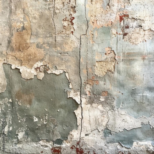 Closeup of a weathered, cracked concrete wall with peeling paint.