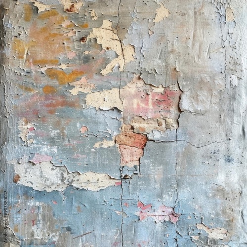 Close-up of a weathered wall with peeling paint and cracks.