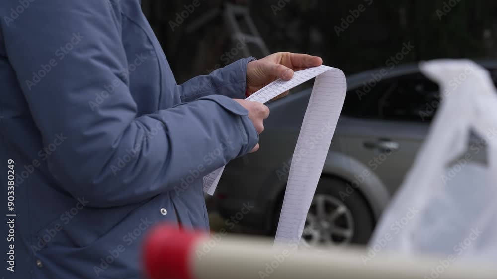 Financial crisis, Grocery Shopping. A woman checks grocery prices in a receipt from a supermarket. High food prices Financial crisis, Grocery Shopping. A woman checks grocery prices in a receipt from a supermarket. High food prices