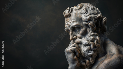 A detailed, artistic depiction of a pensive statue, conveying deep thought against a dark, moody background.