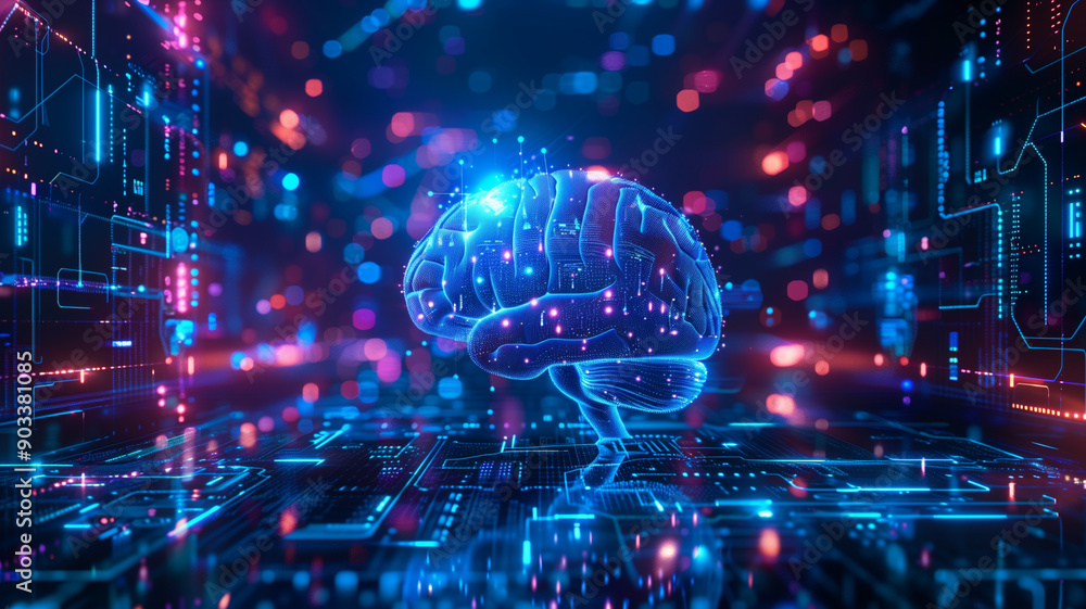 A vibrant and intricate depiction of a digital brain interface with glowing neon lights and circuits, set against a futuristic and immersive background. A vibrant and intricate depiction of a digital brain interface with glowing neon lights and circuits, set against a futuristic and immersive background.