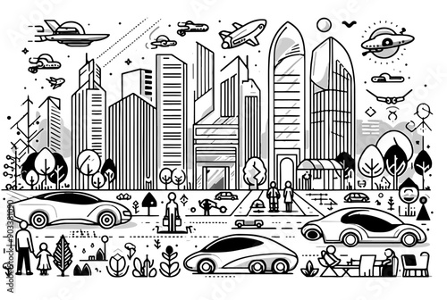 The future in editable vector illustration. A futuristic cityscape where robots have taken over. Colorful vector illustration of sustainable city and nature. future of transportation with a vector art