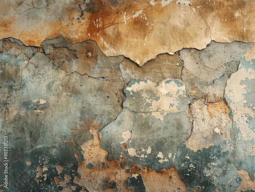 Distressed concrete wall with peeling paint and cracks.