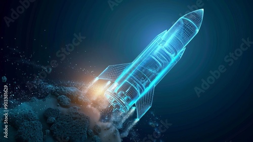 Fototapeta Naklejka Na Ścianę i Meble -  A 3D digital wireframe rocket launching into space against a dark blue backdrop