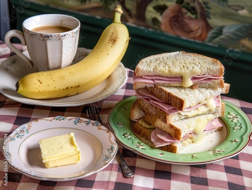 A breakfast table with a stack of ham and cheese sandwiches, a banana, coffee, and butter on a checkered tablecloth photo