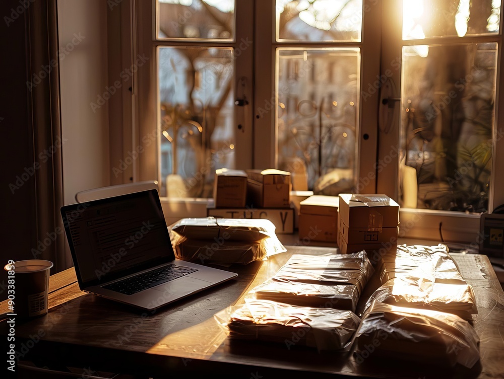 A laptop and several parcels on a table, illuminated by sunlight streaming through a window A laptop and several parcels on a table, illuminated by sunlight streaming through a window