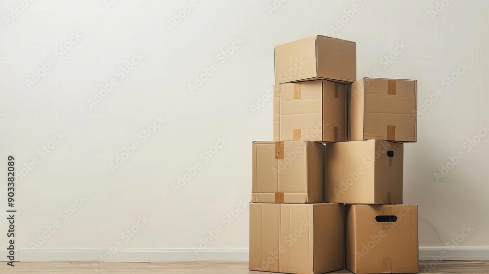 Stacked cardboard boxes ready for shipping, against a plain white background Stacked cardboard boxes ready for shipping, against a plain white background