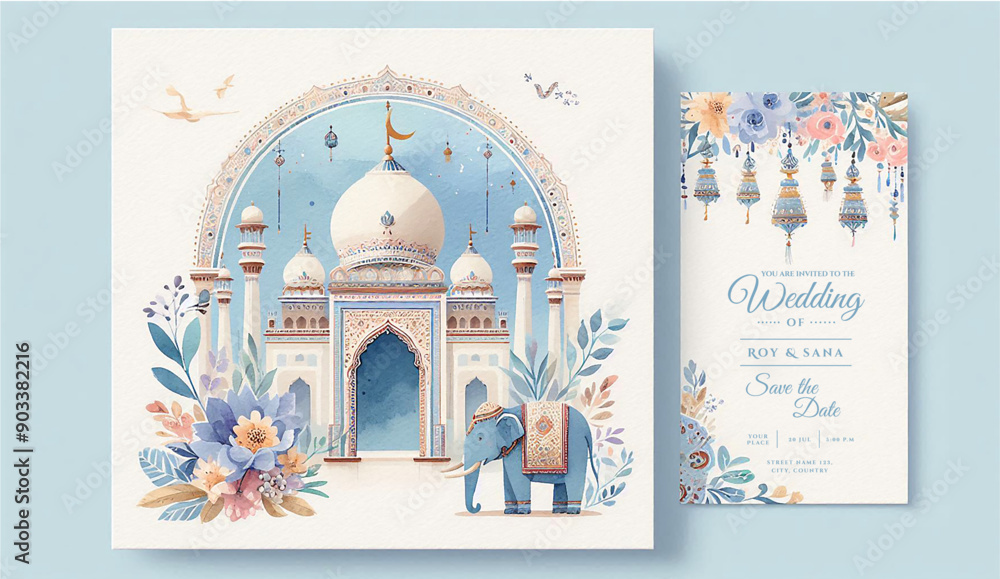 Naklejka premium Wedding invitations featuring the Taj Mahal symbolising universal love at the centre and highlighted. Indian wedding invitation. Watercolour design on textured white paper; text and details customizab