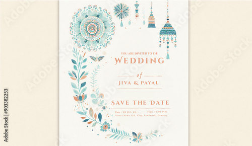 Indian wedding invitation. elegant Indian style invitation design with floral elements, wedding invitations. Watercolour design on textured white paper; text and details customizable in the AI file