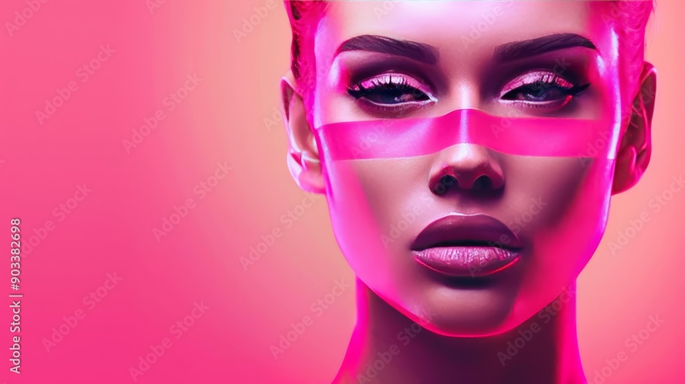 A stylish woman s face with a pink stripe over her eyes, set against a pink gradient background A stylish woman s face with a pink stripe over her eyes, set against a pink gradient background