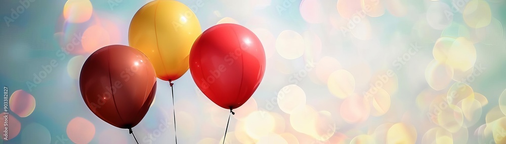 Bright balloons floating against a backdrop of a soft, colorful sky, with light reflecting off them Bright balloons floating against a backdrop of a soft, colorful sky, with light reflecting off them