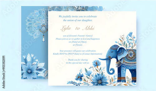 Indian wedding invitation. elegant Indian style invitation design with floral elements, wedding invitations. Watercolour design on textured white paper; text and details customizable in the AI file