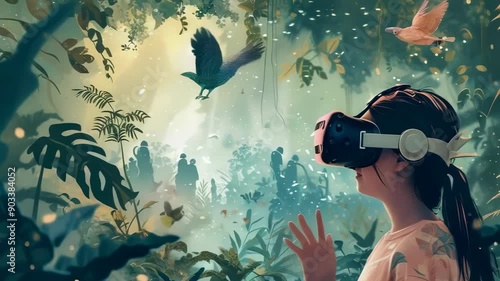 A young girl wearing a VR headset is immersed in a lush, digital forest. Birds are flying around, and the time appears to be late afternoon. The girl, of indeterminate ethnicity, seems awed by her photo